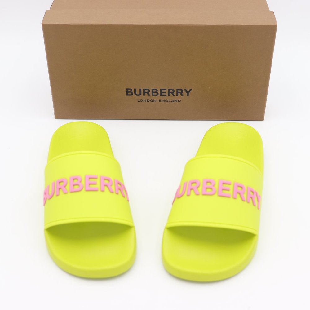 NIB Burberry Furley Logo Embossed Slides Sandals